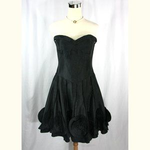 Jans Boutique Black Taffeta Full Flare Strapless Formal Dress w Floral Pleats 6